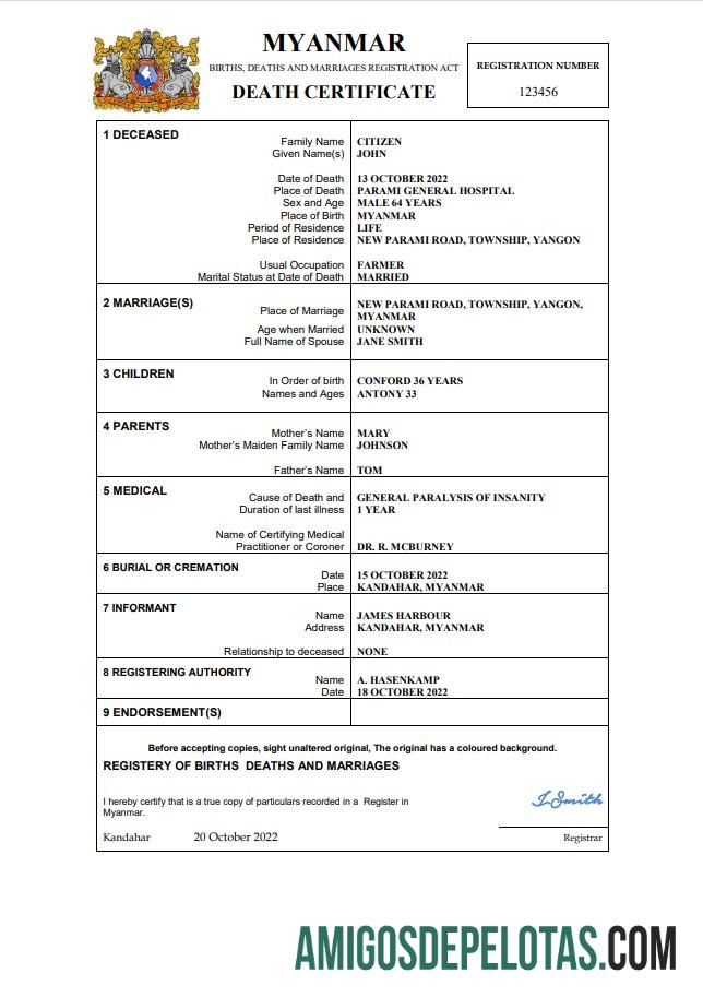 Realista modelo Word e PDF de certidão de óbito de Mianmar
